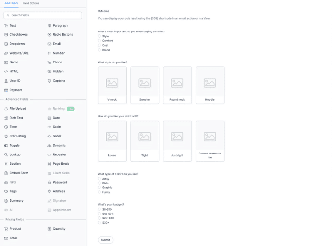 An example t-shirt outcome quiz built in Formidable Forms asking questions about style, size, and preferences.