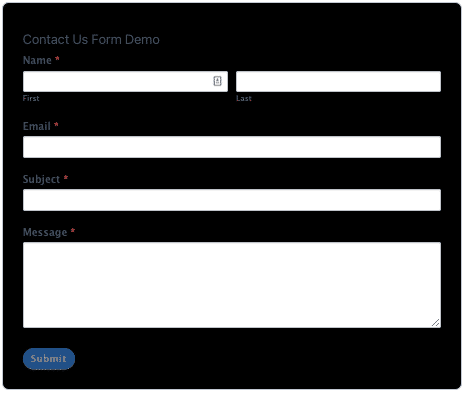 A contact form with a black background and white fields