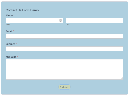 A contact us form with a light blue background and white fields