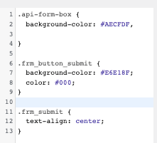 A CSS code box in WordPress with .api-form-box, .frm_button_submit, and .frm_submit classes