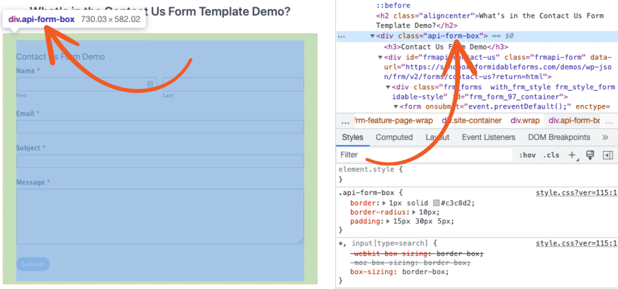 The Inspect panel in a web browser to analyze the HTML and CSS of a web page. Two red arrows point to pieces of code to highlight them.