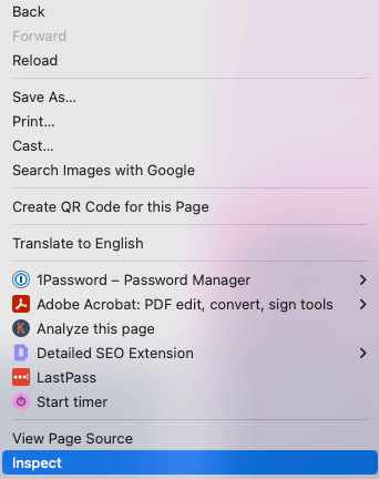 The Inspect button is highlighted in a web menu