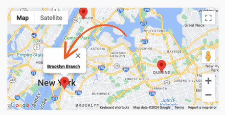 A map showing New York City with pins marking different locations. A red arrow points to a pin labeled "Brooklyn Branch," indicating its location in Brooklyn. The map highlights areas such as Manhattan, Queens, and the surrounding regions.