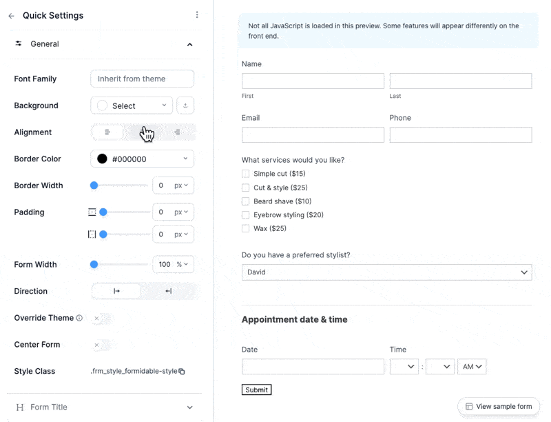 A gif of the Formidable Forms styler showing how to customize a form