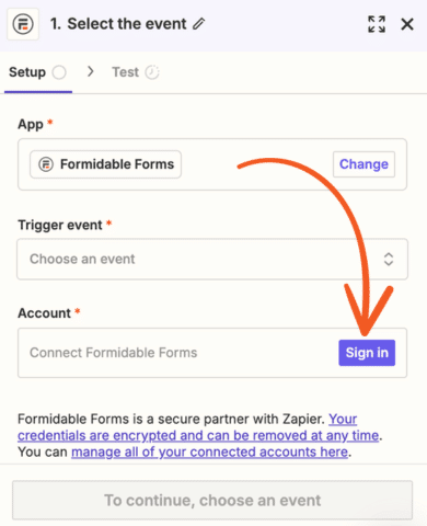 Zapier's settings showing the App, Trigger Event, and Account with a red arrow pointing to Sign In