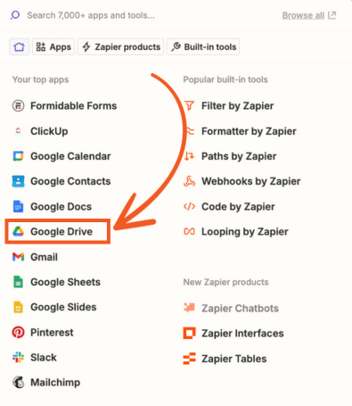 A red box is around Google Drive with a red arrow pointing to it in an app list