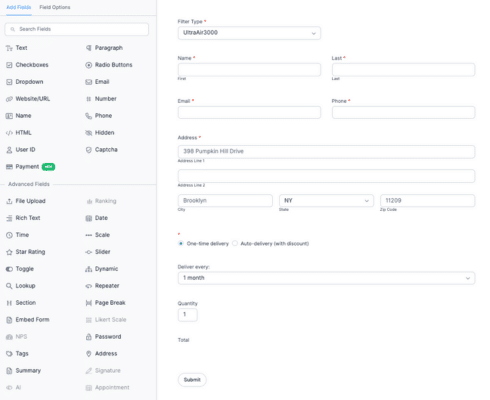 The order form includes fields for name, email, address, and quantity, with dynamic features like auto-delivery discounts and a total price calculation.