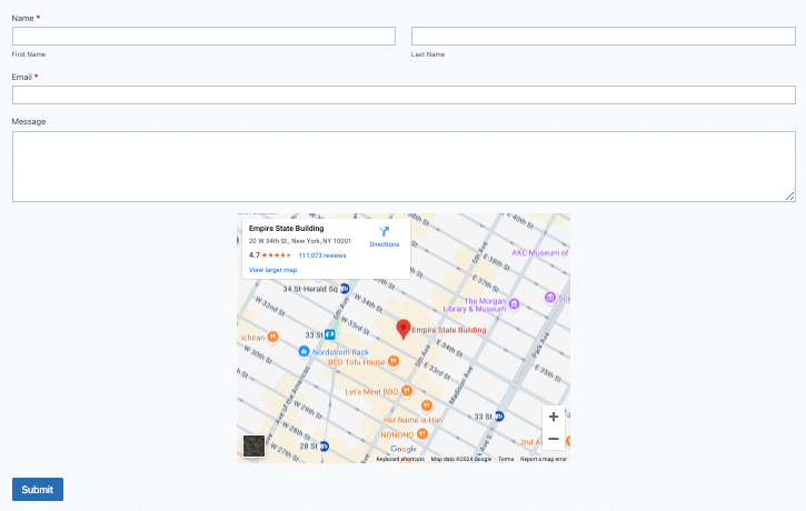 Contact form created with Formidable Forms, including fields for Name, Email, and Message, along with an embedded map displaying the Empire State Building's location.