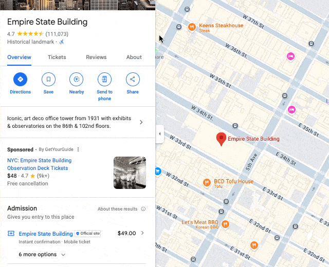 Google Maps interface embedded in Formidable Forms, highlighting the Empire State Building's location, reviews, and admission prices on the map.