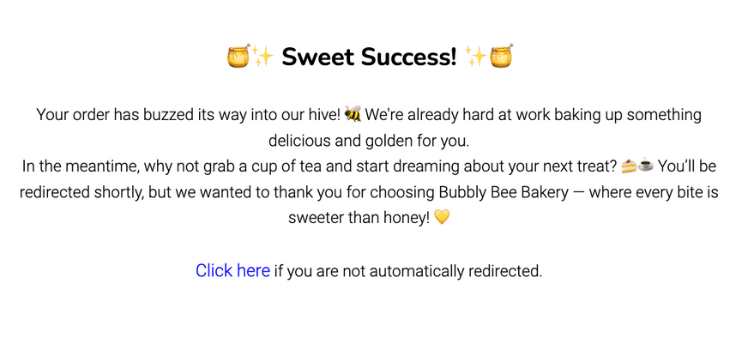 Example redirect message for the Bubbly Bee Bakery