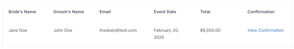 Wedding Venue Booking Template Table