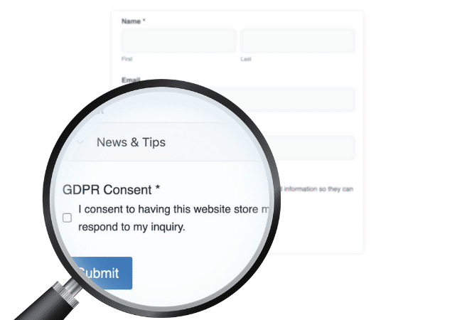 A magnified view of a GDPR consent checkbox in a sign-up form, displaying the text: “I consent to having this website store my submitted information so they can respond to my inquiry.” The zoom emphasizes compliance requirements.