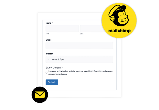 A user-facing sign-up form built with Formidable's Mailchimp wordpress plugin featuring fields for name, email, and interest selection, along with a GDPR consent checkbox and submit button. The Mailchimp logo and an envelope icon highlight the email marketing integration.