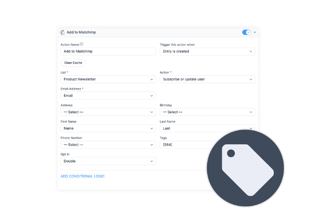 A settings interface showing Mailchimp integration setup with options like list selection, email field mapping, and action triggers such as "Subscribe or update user." The form includes fields for personal details, tags, and double opt-in configuration, with a tag icon in the lower-right corner.