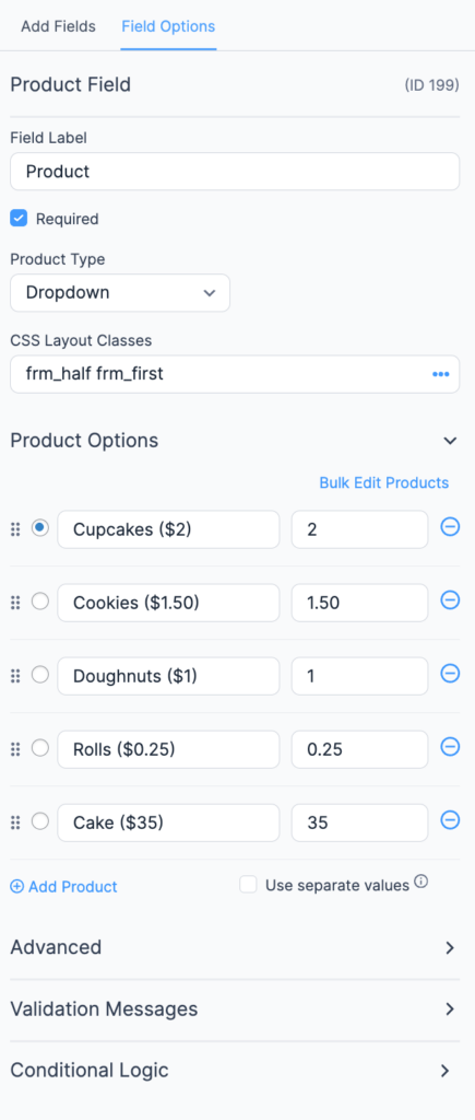 Formidable Forms Product Field - Field Options
