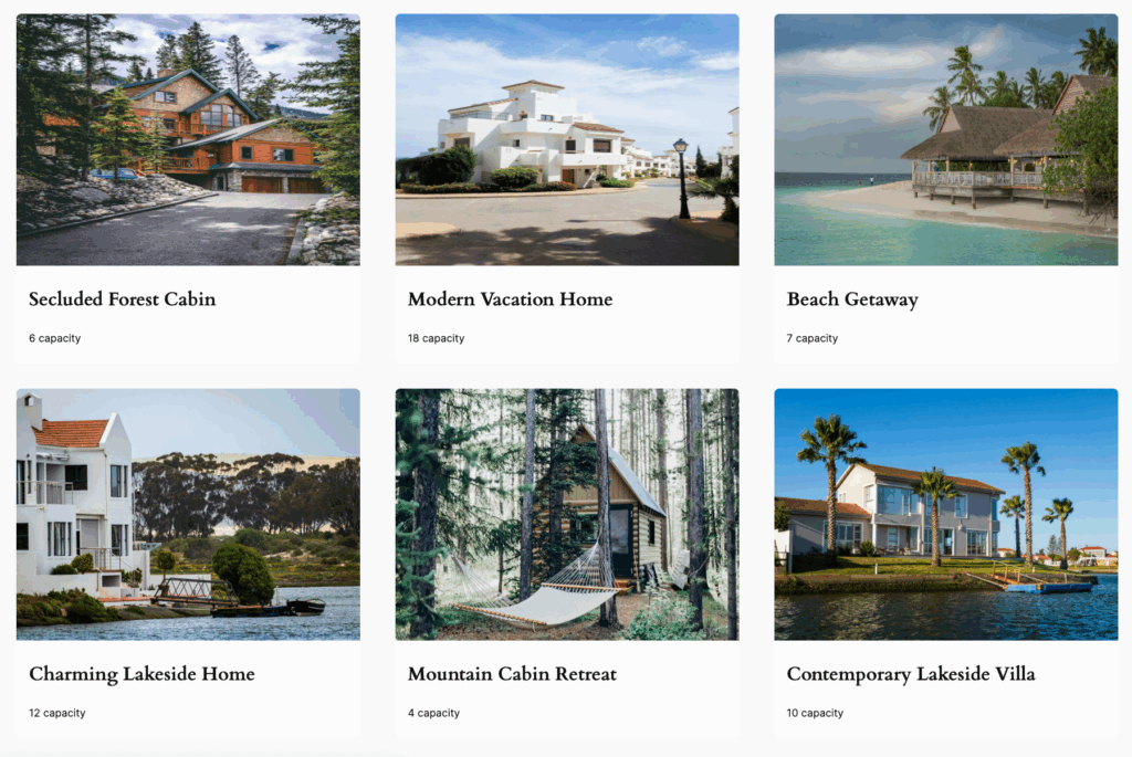 FF Booking Application - Vacation Home Grid View