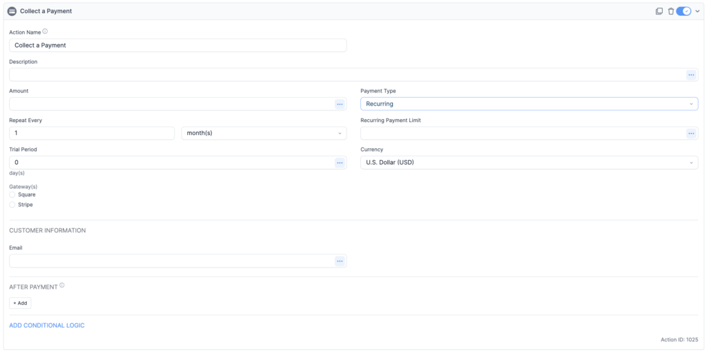 Formidable Forms Collect a Payment Action - Options