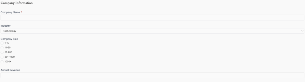 Formidable Forms CRM Application - Company Information Section