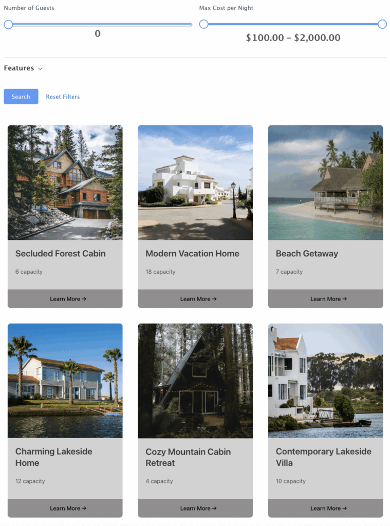 WordPress Booking Plugin Template - Formidable Forms Web App Builder Multi-Property Booking Example