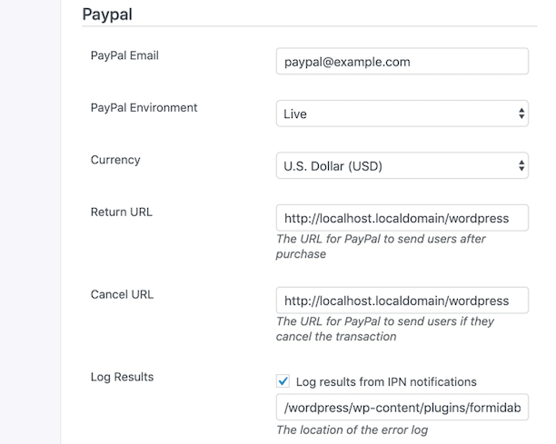 PayPal global settings