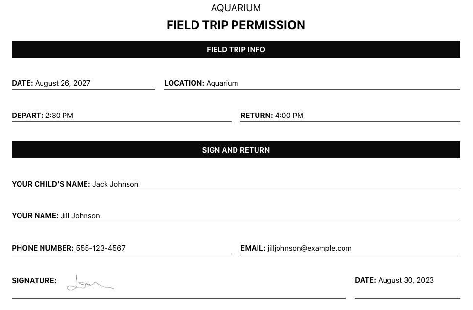 Permission Slip Template - Formidable Forms Web App Builder Example