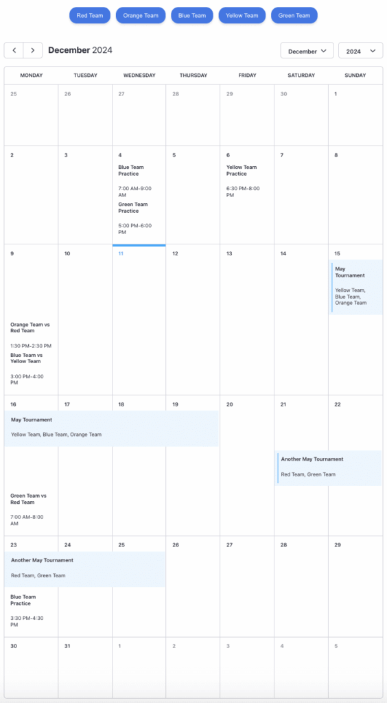 WordPress Sports League Calendar Plugin Template - Formidable Forms Web App Builder Example