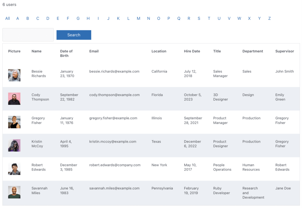 Staff Directory WordPress Plugin Template - Formidable Forms Web App Builder Example