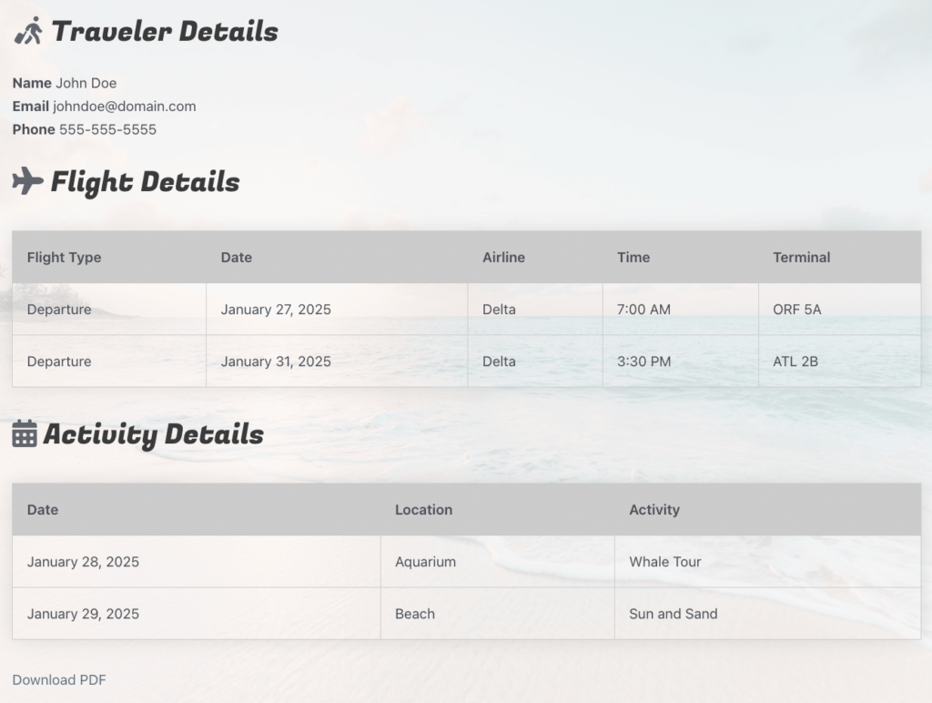 WordPress Trip Itinerary Plugin Template - Formidable Forms Web App Builder Example