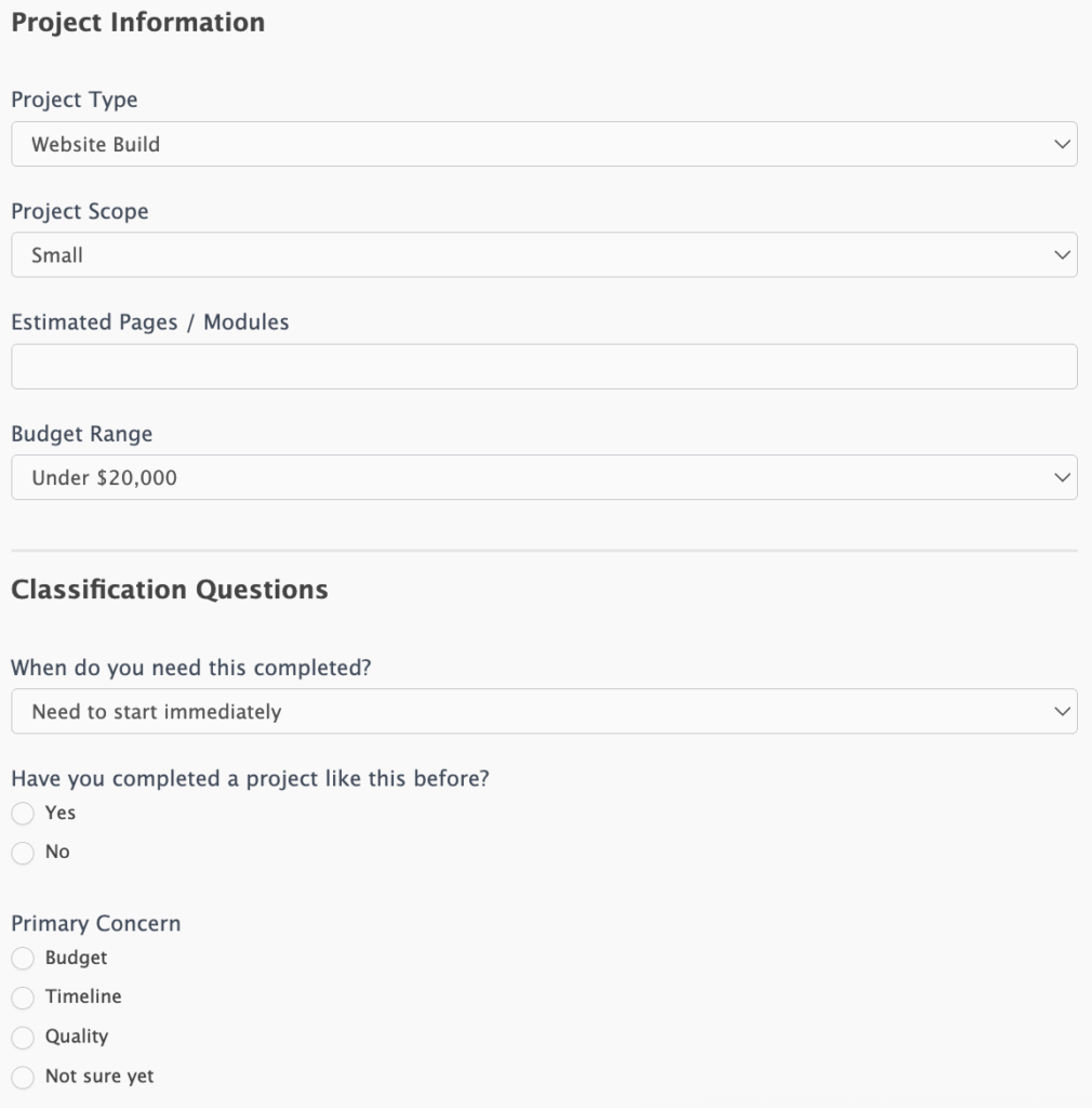Form builder showing calculation fields (budget, scope) + classification fields (timeline dropdown, experience radio buttons, primary concern dropdown)