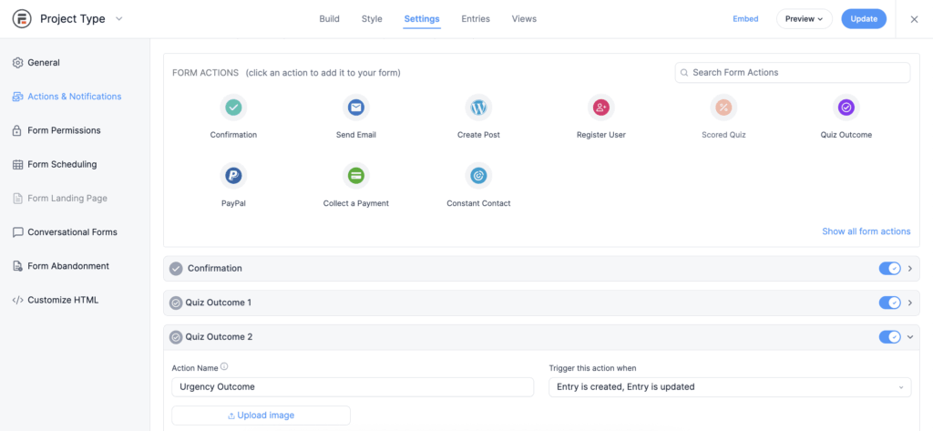 Formidable Forms Settings -> Actions & Notifications with Quiz Outcome Actions