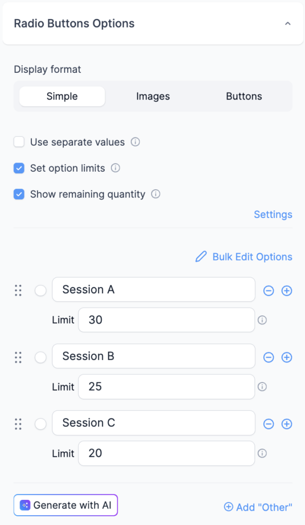 Set option limits checkbox has been enabled and there are 3 radio field options with different limits set. 