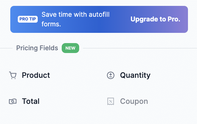 A picture of the Formidable Forms pricing fields in Lite, with the coupon field disabled. 