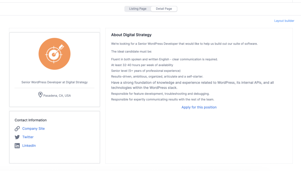 WordPress Job Board Application Detail Page