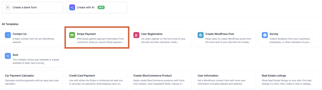 Add Blank Form Or Use Stripe Payment Template