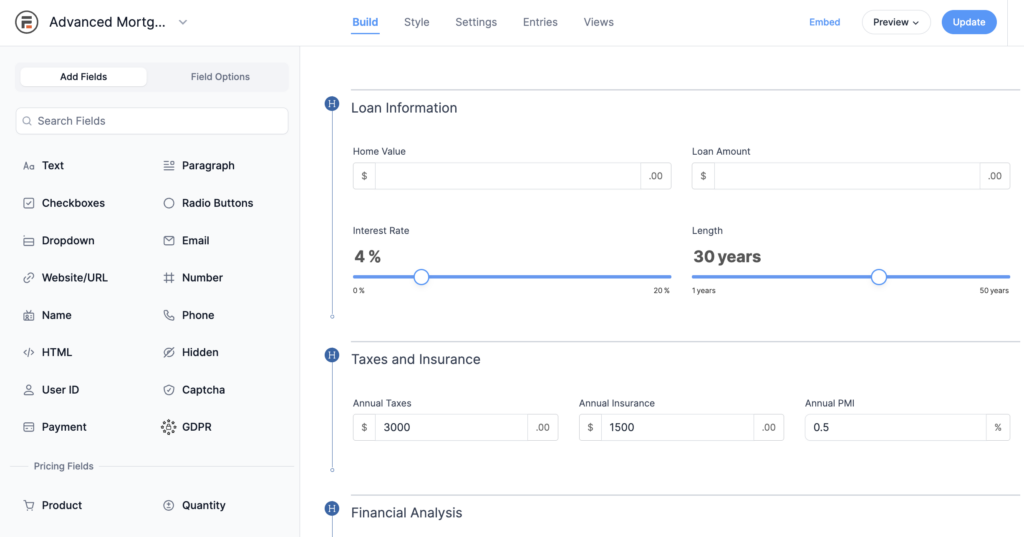 Formidable Forms form builder with a mortgage calculator template open and the field options panel showing