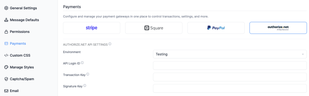 Authorize.Net Global Settings Formidable Forms