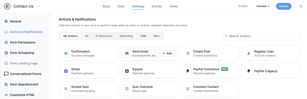 Formidable Forms Actions & Notifications settings panel showing email, payment, and user registration action options.