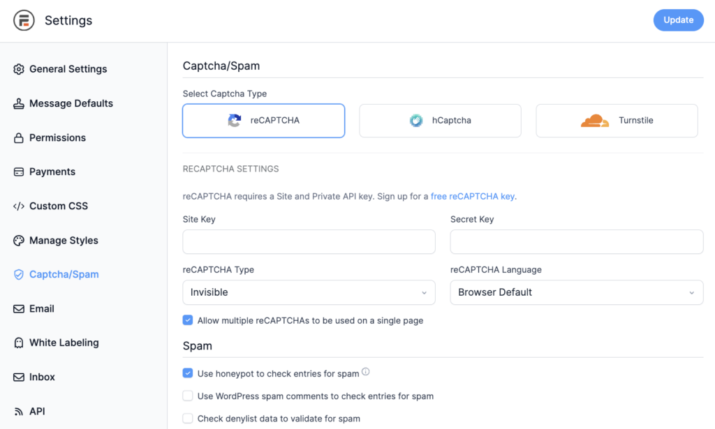 Formidable Forms Global Settings - Captcha/Spam