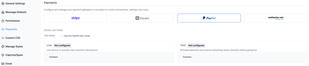 Formidable Forms payment gateway settings showing PayPal configuration options with Live and Test modes.