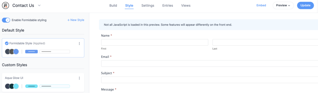 Formidable Forms style editor showing default and custom style options with contact form preview.