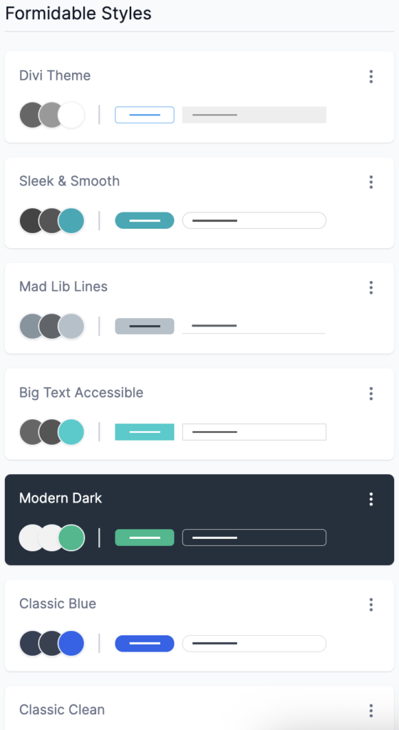 Formidable Styles theme templates displaying seven design options with color palettes and UI elements.