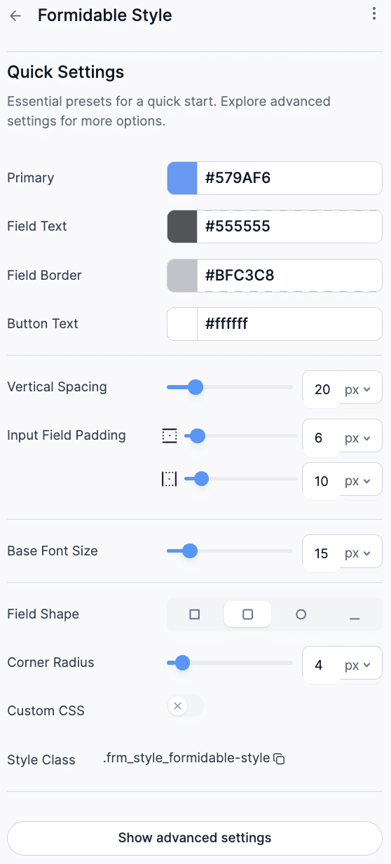 Formidable Styler Settings