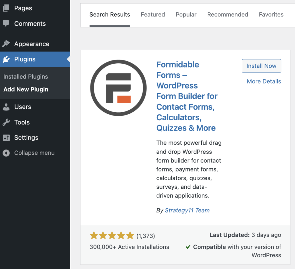 WordPress Plugins Add New screen with Formidable Forms and the Install Now button