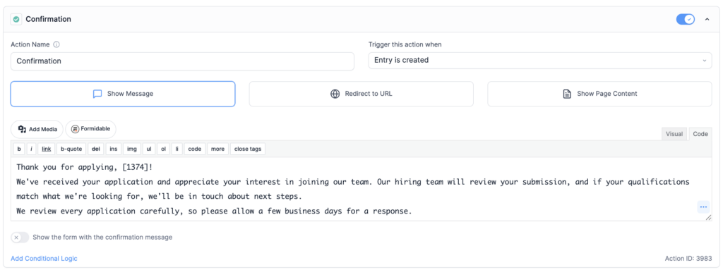 Job Application Confirmation Message