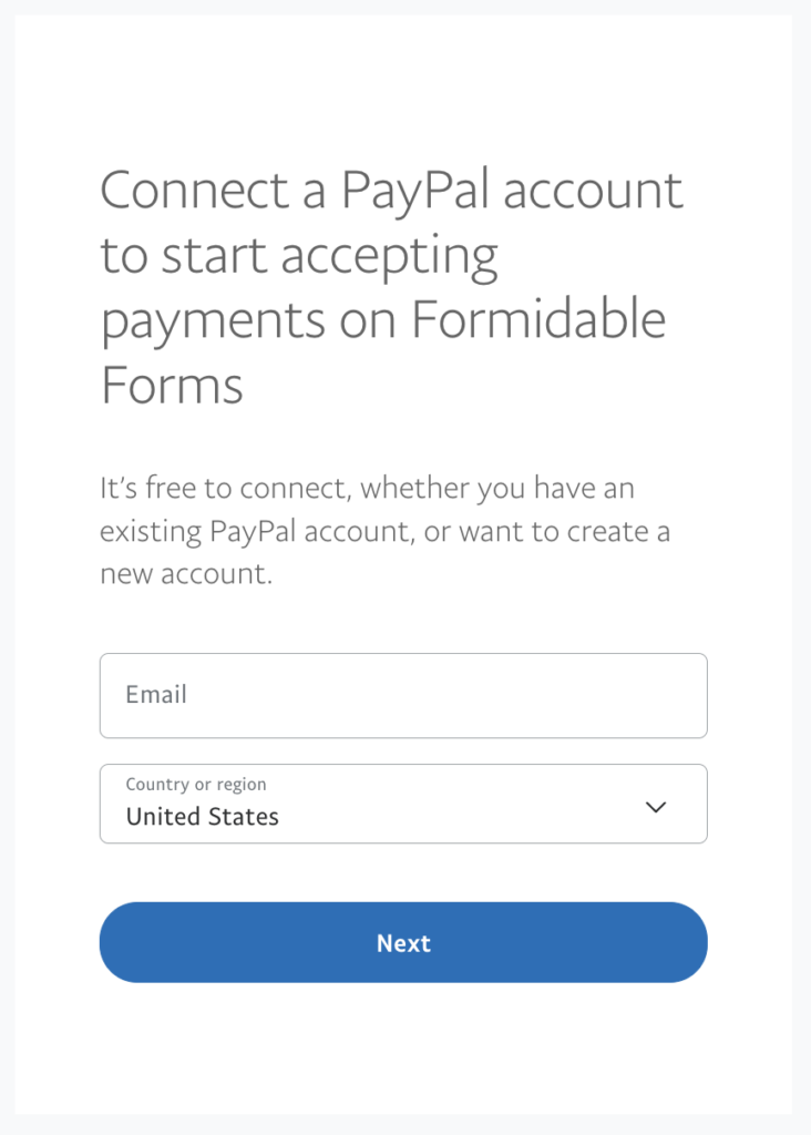 PayPal account connection form for Formidable Forms with email input and country selector