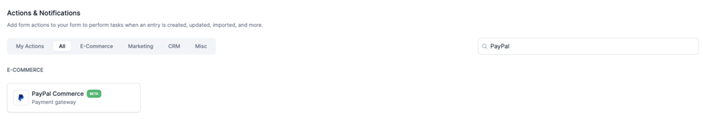 PayPal Commerce payment gateway action option in E-Commerce category for Formidable Forms