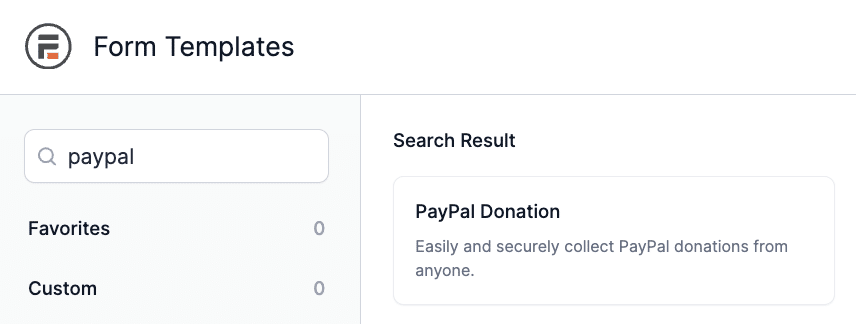 PayPal Donation form template search result.