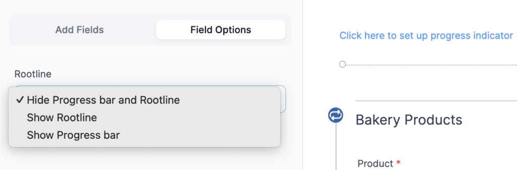 Rootline dropdown in Formidable Field Options with the Show Progress bar option