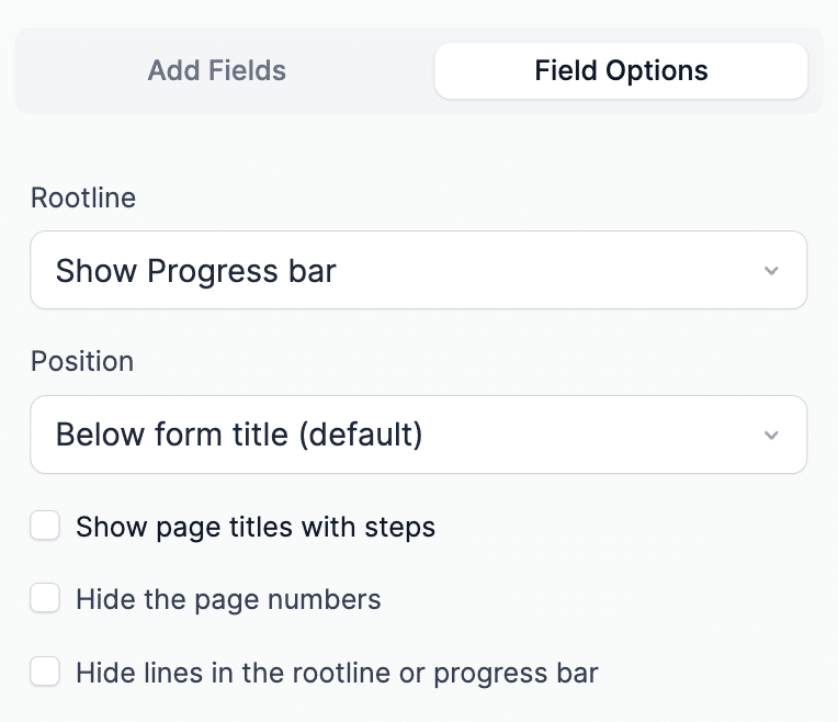 Multi-step form progress bar position and display options in Formidable Field Options