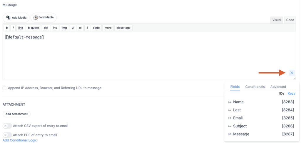 Formidable Confirmation Message settings showing the dropdown open and a Fields panel displaying field IDs.